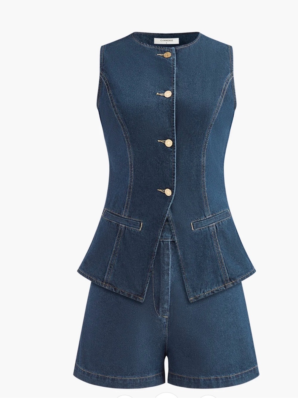 Commense - Denim Peplum Vest With Shorts Set Large